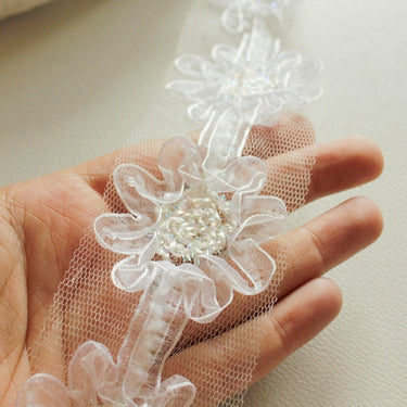 White Tissue Fabric Flower Lace Trim Border, Approx. 50mm wide